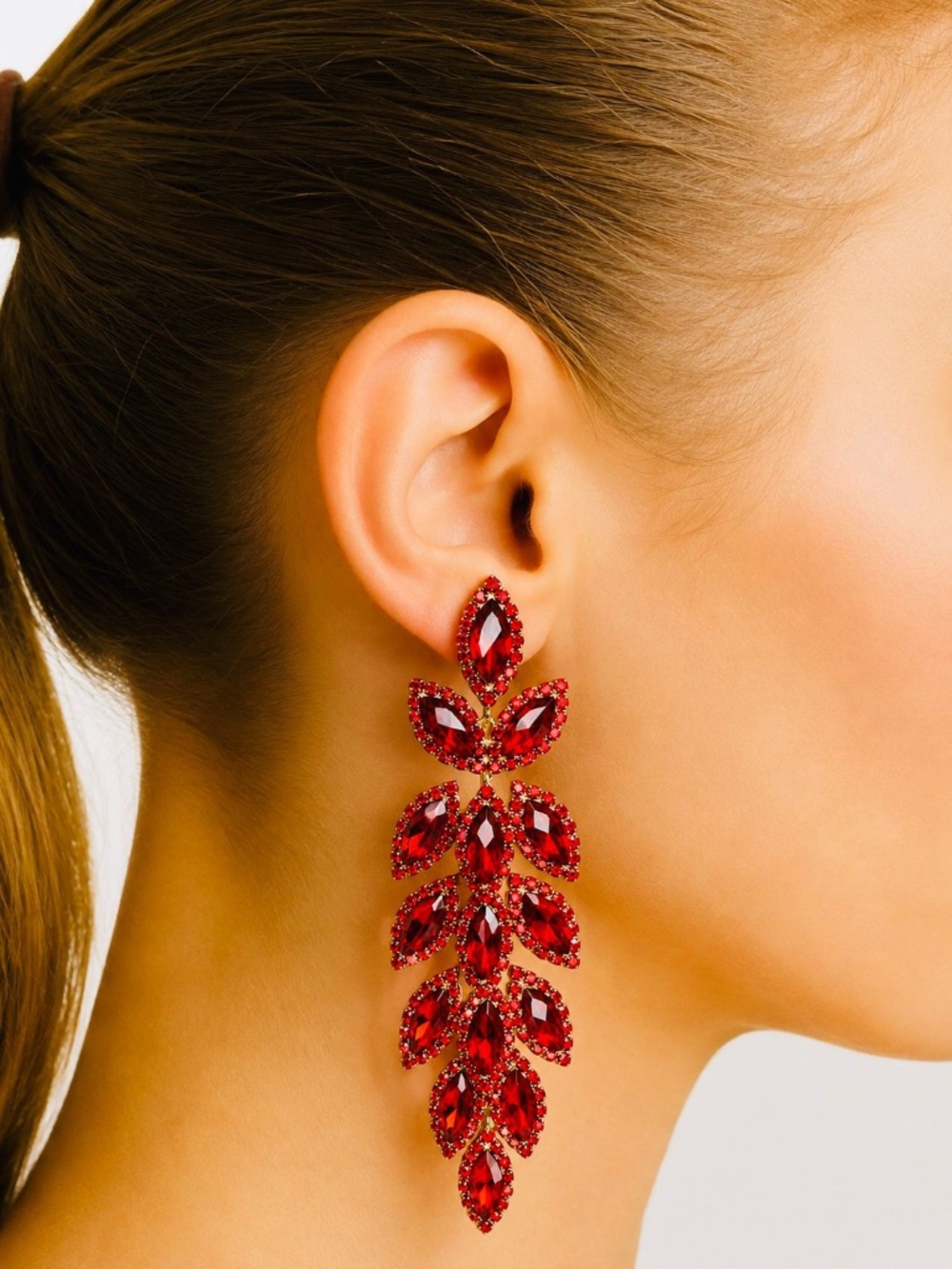 Red Crystal Leaf Statement Earrings Long Rhinestone Dangle Elegant Party Wedding